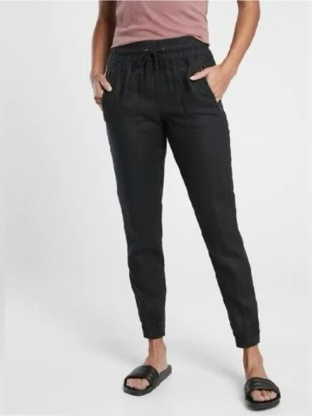 Athleta Cabo Linen Jogger Elastic Waist Black Size 8 Tall